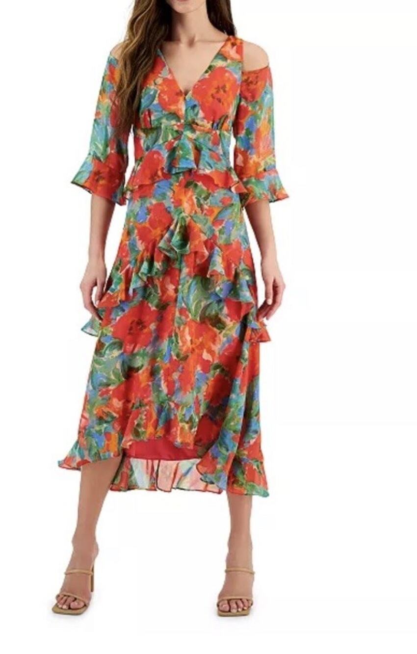 NWT Tahari ASL $159 Cold Shoulder Silky Floral Dress Orange Pink V Neck Size 2